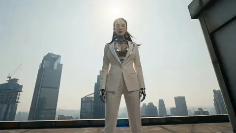 Cyberpunk Action Sequence: Elegant Female Agent Jumps from Skyscraper to Moving Car